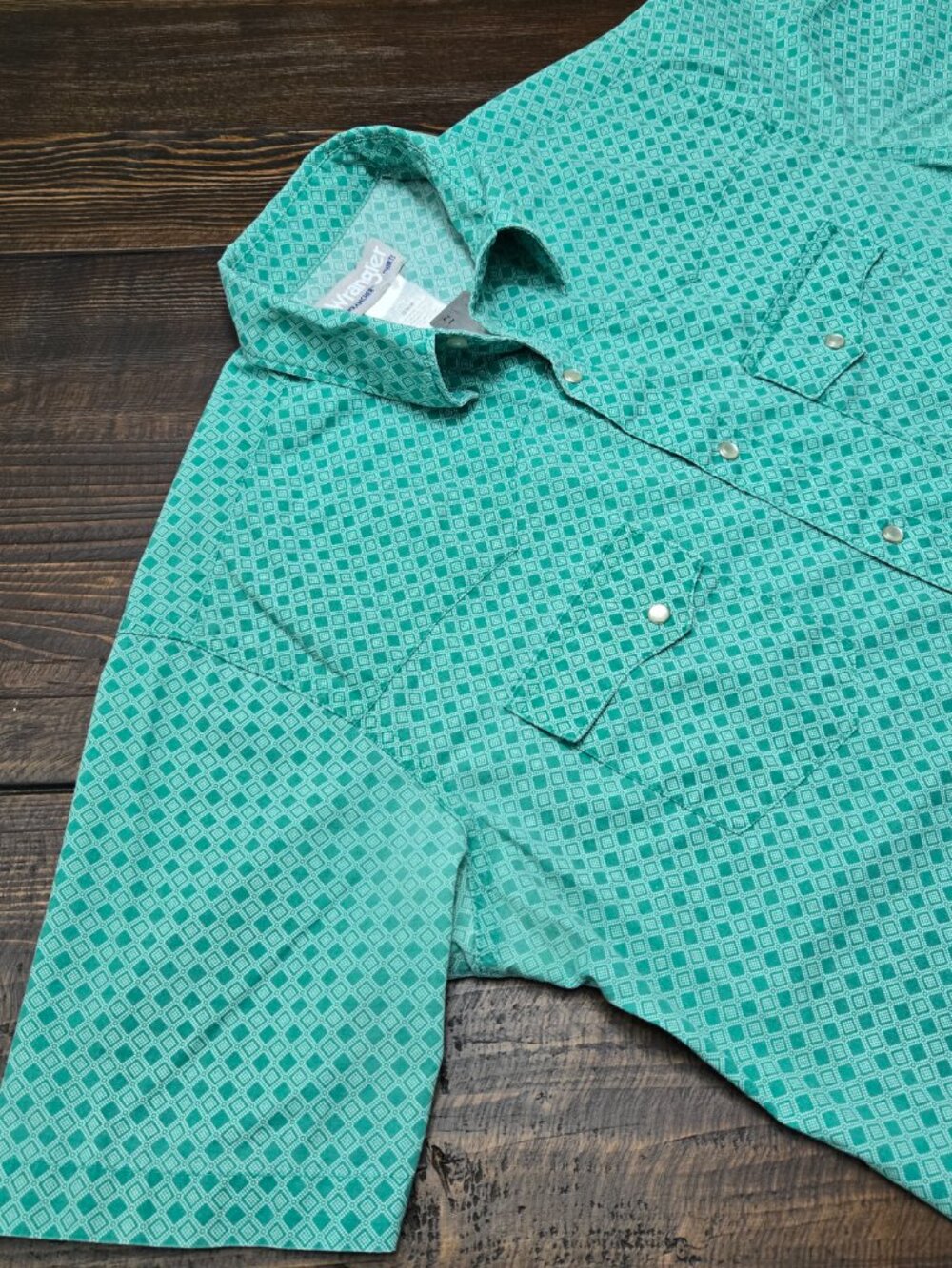 Vintage Wrangler Wrancher Shirt Mens Medium Green Geometric Pearl Snap Western